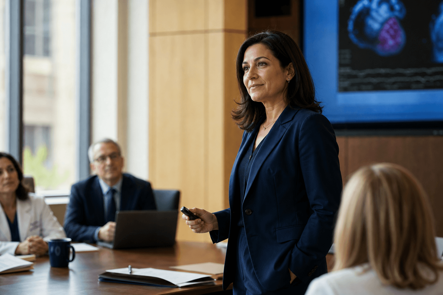 A woman physician leader presenting confidently in a high-stakes academic medical interview setting, representing recognition, strategic thinking, and operational credibility.