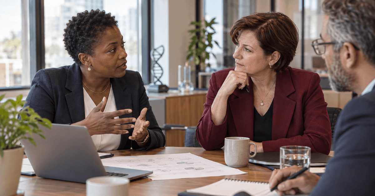 A leader in a wine-colored jacket listens to a colleague's concerns while a team reviews a proposed workflow together.