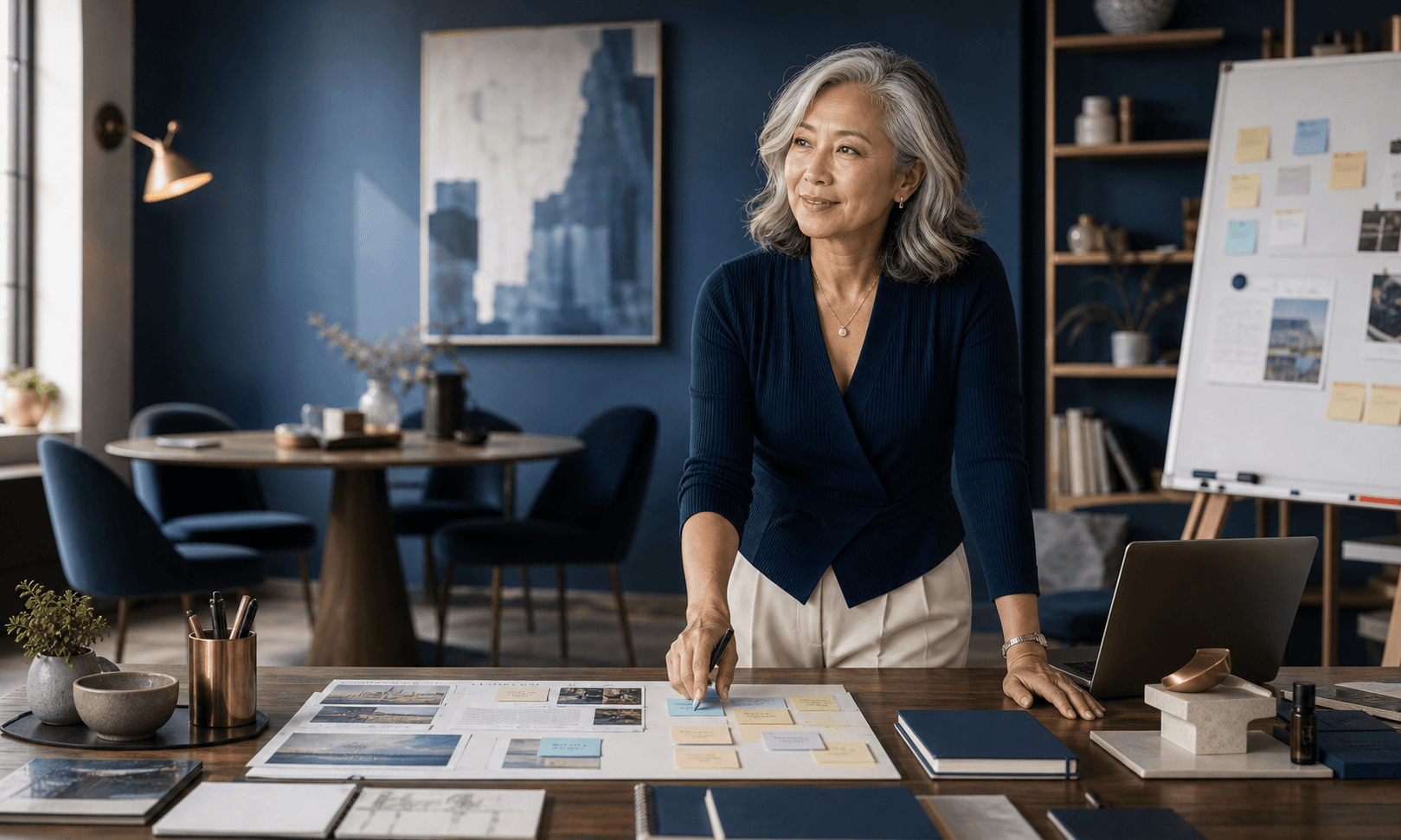 Experienced Asian woman organizing advisory, consulting, teaching, and entrepreneurial work in a strategy studio