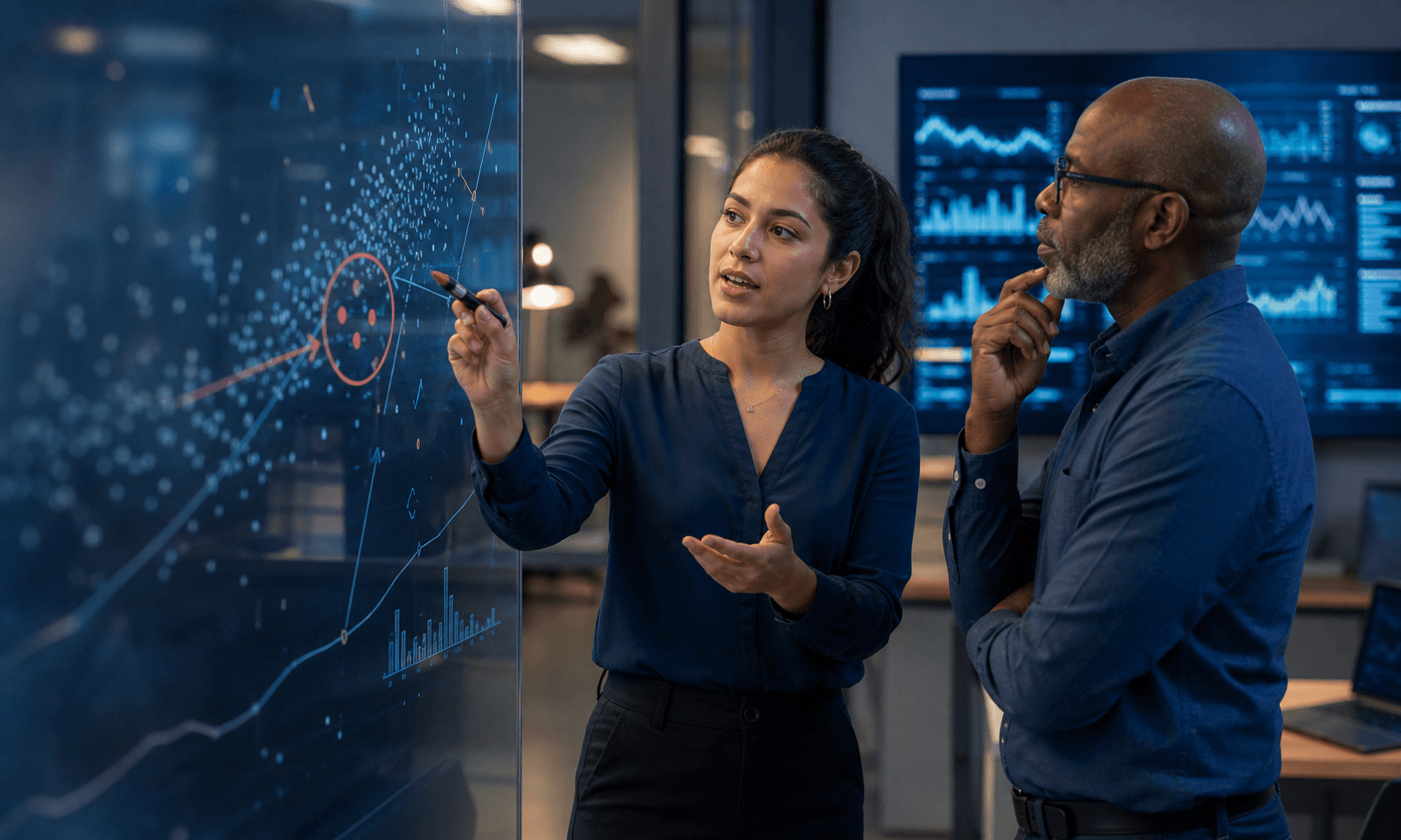 Junior Latina data scientist leading an anomaly analysis with a senior Black mentor