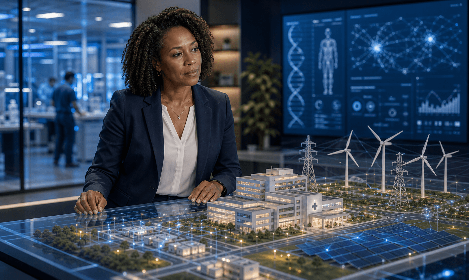 Black woman STEM leader reviewing an integrated healthcare and renewable-energy systems model
