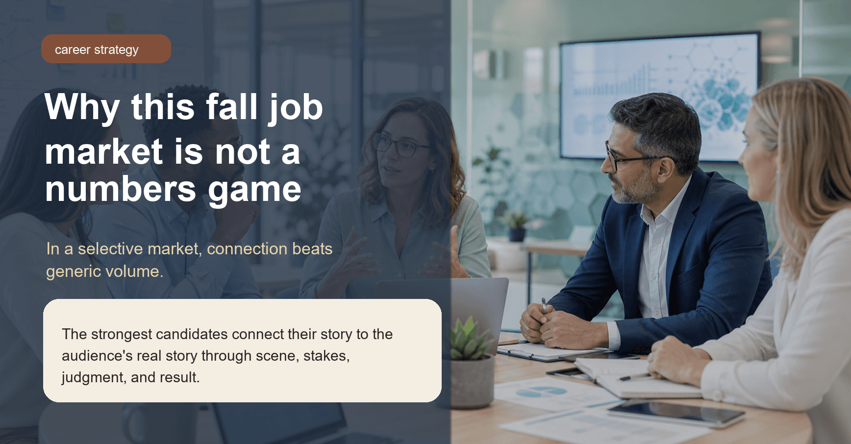 A senior professional studies a role brief and candidate story notes, showing how selective hiring rewards connection over application volume.