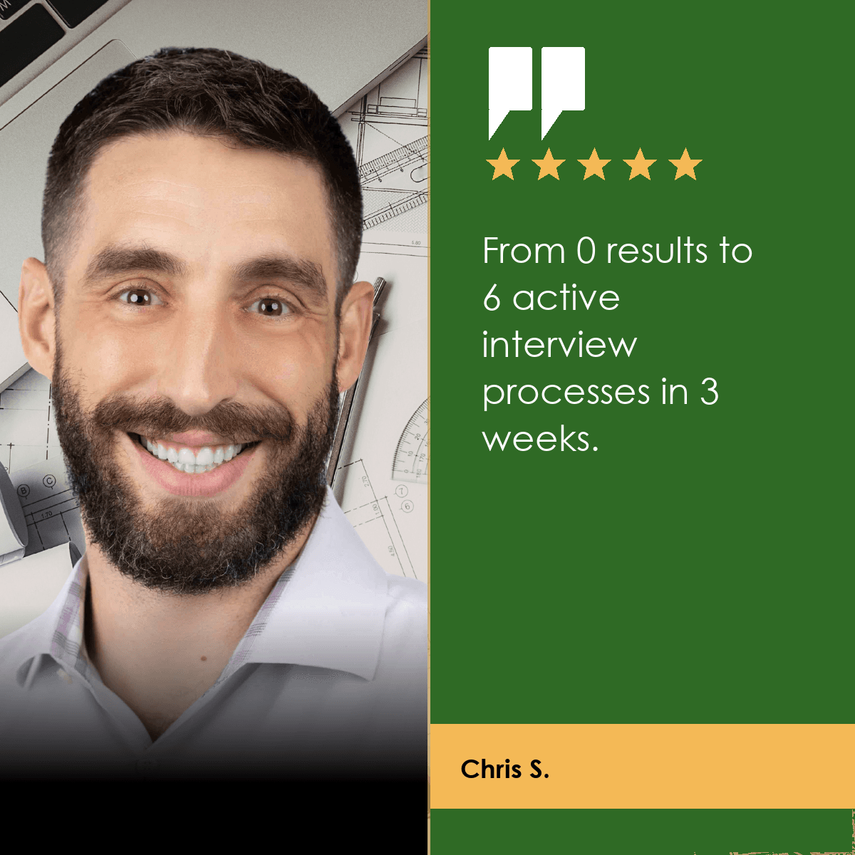 CTO testimonial about reaching six active interview processes in three weeks.