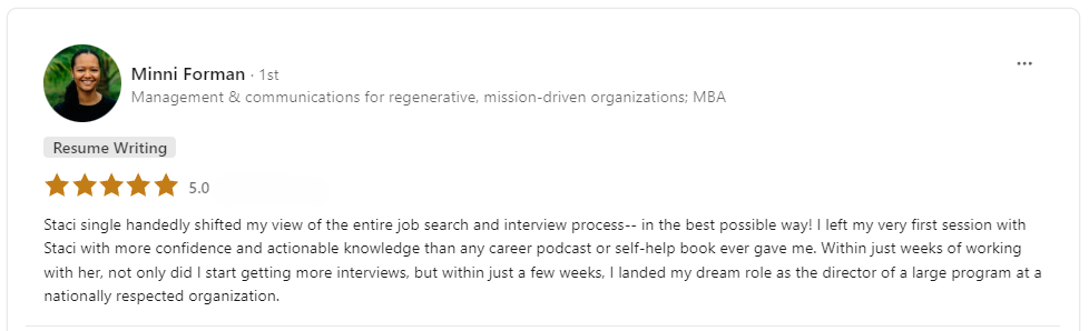 Client review from Mimi Forman.